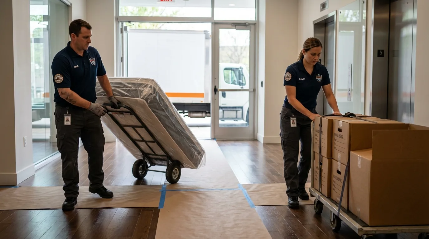 Professional apartment movers loading elevator in Nitro, WV